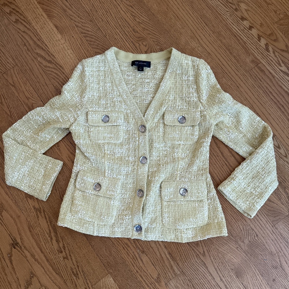 St. John Pale Yellow And White Tweed Looking Blazer Sweater 6